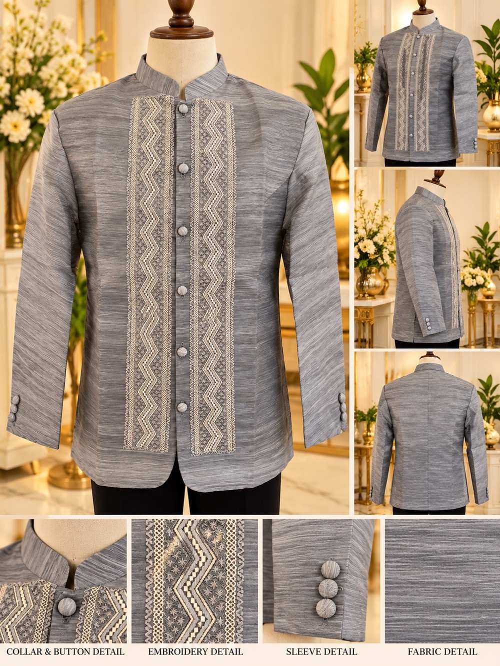 Men's Grey Embroidered Band Collar Coat